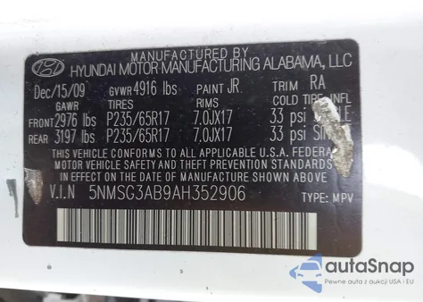 2010 Hyundai Santa Fe Gls z USA, uszkodzony, nr VIN 5NMSG3AB9AH352906